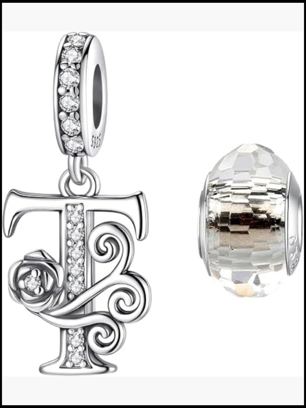 925 Silver Rose Letter Charms for Bracelet Necklace Initial Dangle Beads